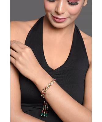 Red Green Beaded Gold Tone Kundan Bracelet 1