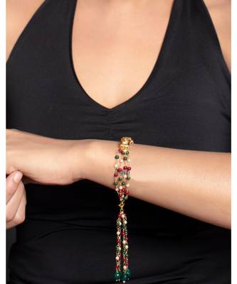 Red Green Beaded Gold Tone Kundan Bracelet 3