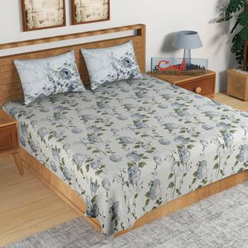 Grey Floral Print 144 TC Cotton Double Bedsheet (90" x 108") with 2 pillow cover 1