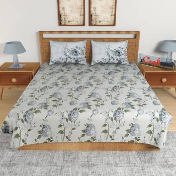 Grey Floral Print 144 TC Cotton Double Bedsheet (90" x 108") with 2 pillow cover 2