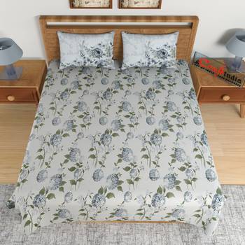 Grey Floral Print 144 TC Cotton Double Bedsheet (90" x 108") with 2 pillow cover 3