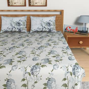 Grey Floral Print 144 TC Cotton Double Bedsheet (90" x 108") with 2 pillow cover 4