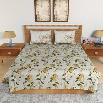 Yellow Floral Print 144 TC Cotton Double Bedsheet (90" x 108") with 2 pillow cover 2