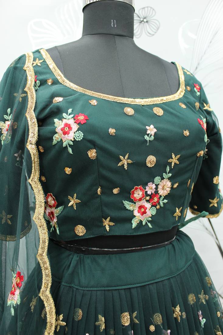 Green embroidered net semi stitched bridal lehenga