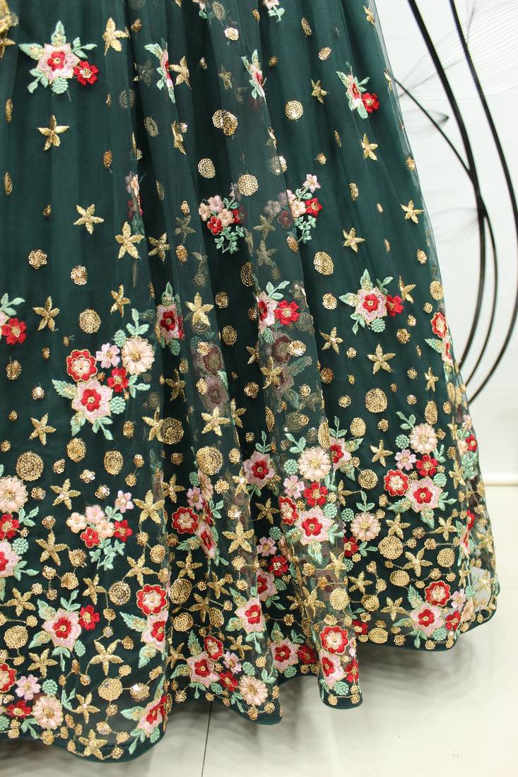 Green embroidered net semi stitched bridal lehenga