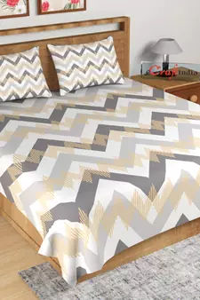 Grey and Yellow Abstract Print 180 TC Cotton Double Bedsheet (108" x 108") with 2 pillow cover