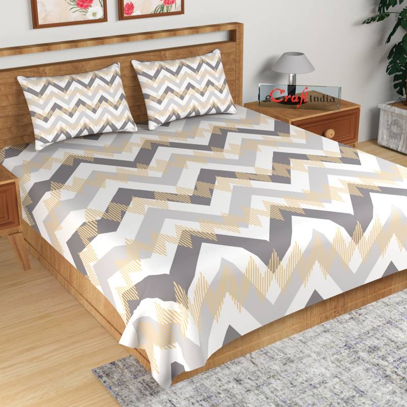 Grey and Yellow Abstract Print 180 TC Cotton Double Bedsheet (108" x 108") with 2 pillow cover