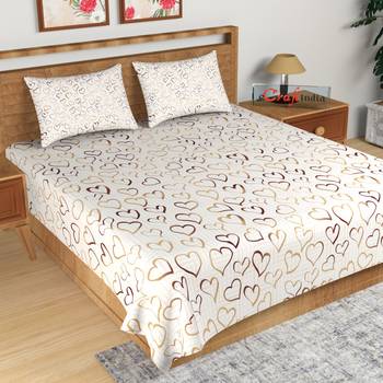 Golden and Brown Hearts Print 180 TC Cotton Double Bedsheet (108" x 108") with 2 pillow cover 1