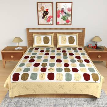 Yellow and Brown Floral Print 180 TC Cotton Double Bedsheet (108" x 108") with 2 pillow cover 2