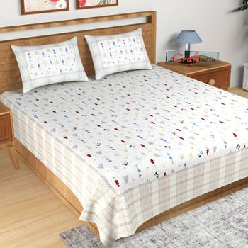 Blue Floral Print 180 TC Cotton Double Bedsheet (108" x 108") with 2 pillow cover 1