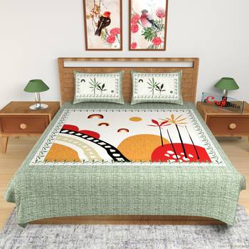 Green Floral Print 180 TC Cotton Double Bedsheet (108" x 108") with 2 pillow cover 2