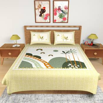 Yellow Floral Print 180 TC Cotton Double Bedsheet (108" x 108") with 2 pillow cover 2