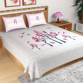 Pink Floral Print 180 TC Cotton Double Bedsheet (108" x 108") with 2 pillow cover 1