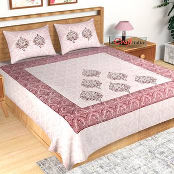 180 TC Pure Cotton Premium Double Bed King Size Ethnic Design Bedsheet (100 In x 108 In) with 2 pillow cover - Pink 1