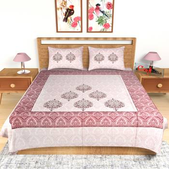 180 TC Pure Cotton Premium Double Bed King Size Ethnic Design Bedsheet (100 In x 108 In) with 2 pillow cover - Pink 2