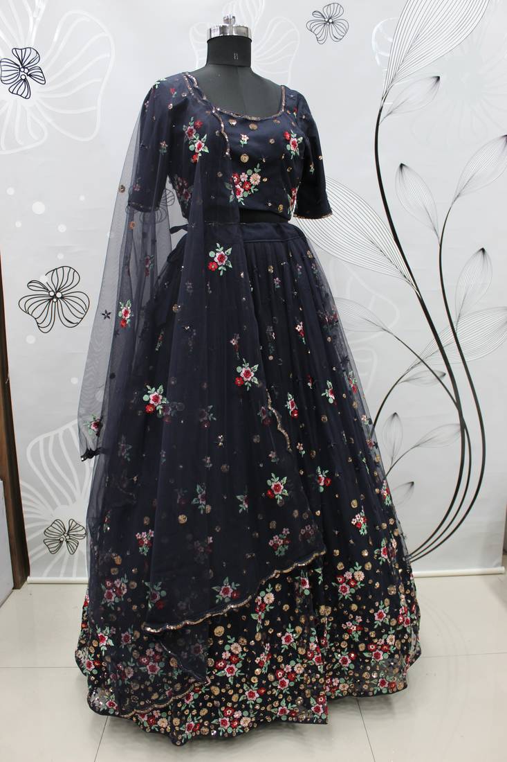 Navy-blue embroidered net semi stitched party lehenga