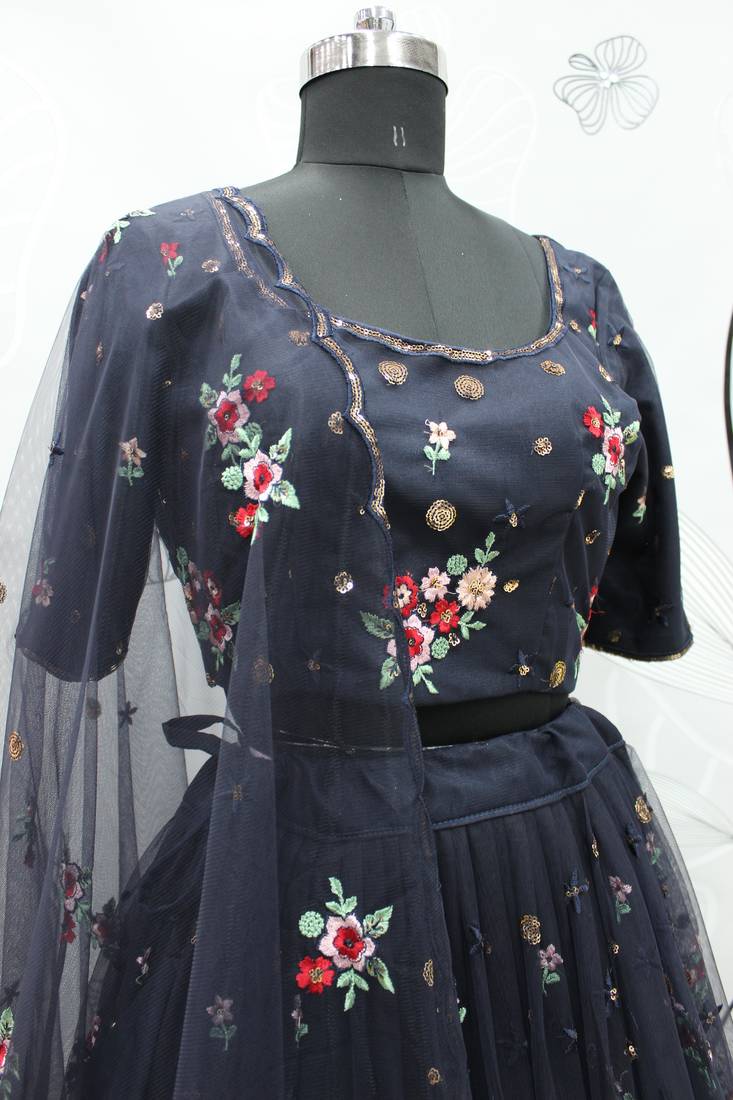 Navy-blue embroidered net semi stitched party lehenga