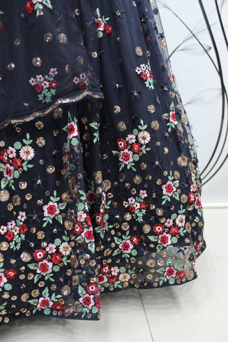 Navy-blue embroidered net semi stitched party lehenga