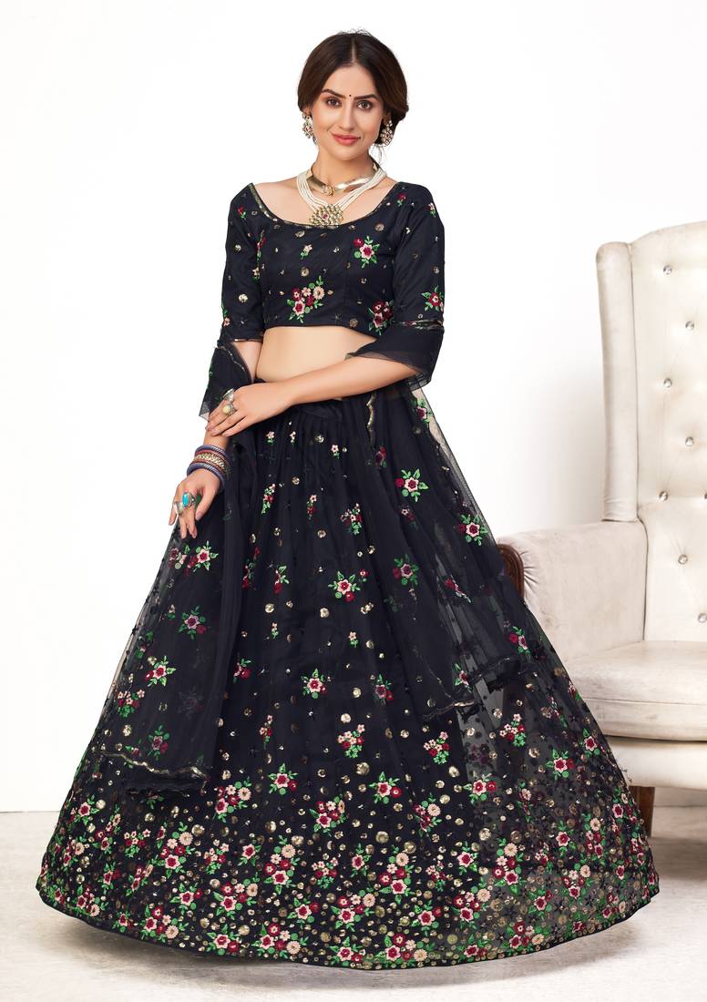 Navy-blue embroidered net semi stitched party lehenga