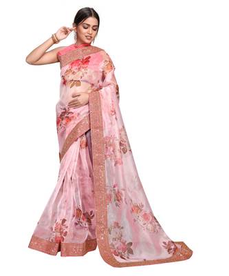peach  organza saree with blouse piece 2