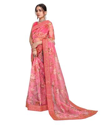 pink organza saree with blouse piece 2