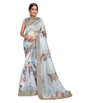 grey organza saree with blouse piece 1