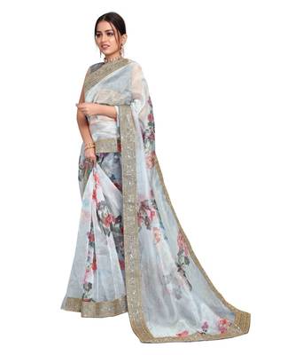 grey organza saree with blouse piece 2