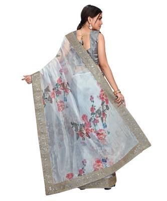 grey organza saree with blouse piece 3
