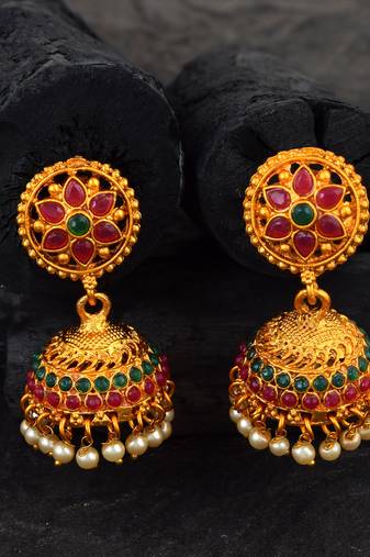 Traditional Multicolor Stone South-Indian Jhumka Earrings