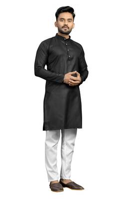 Black plain cotton silk kurta-pajama 4