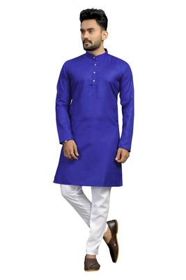 Blue plain cotton silk kurta-pajama 1
