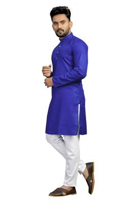 Blue plain cotton silk kurta-pajama 3