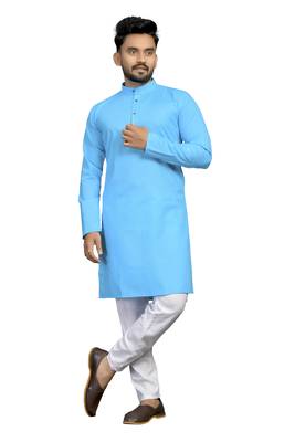 Blue plain cotton silk kurta-pajama 1