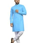 Blue plain cotton silk kurta-pajama