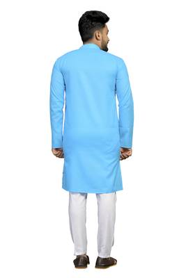 Blue plain cotton silk kurta-pajama 2