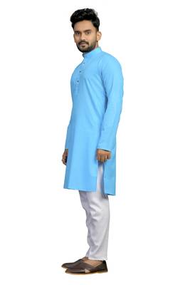 Blue plain cotton silk kurta-pajama 3