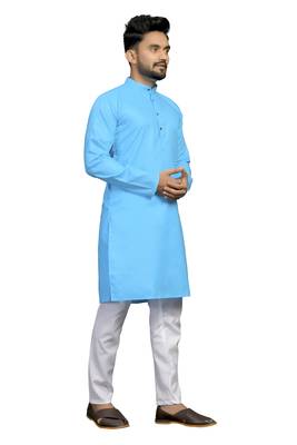 Blue plain cotton silk kurta-pajama 4