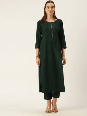 Women Green Yoke Design Regular Sequinned American Crape Kurta with Pant 1