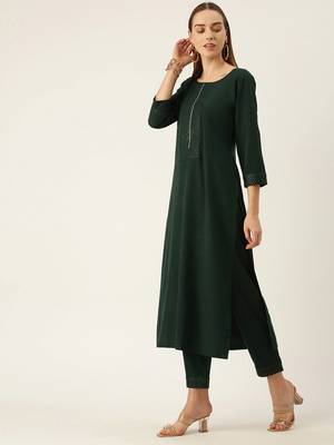 Women Green Yoke Design Regular Sequinned American Crape Kurta with Pant 2
