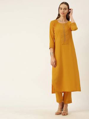 Women Yellow Yoke Design Regular Sequinned American Crape Kurta with Pant 2