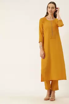Women Yellow Yoke Design Regular Sequinned American Crape Kurta with Pant