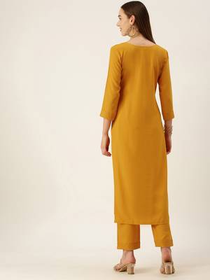 Women Yellow Yoke Design Regular Sequinned American Crape Kurta with Pant 3