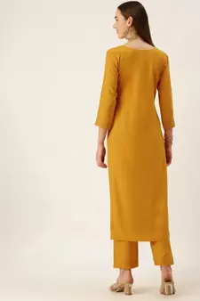 Women Yellow Yoke Design Regular Sequinned American Crape Kurta with Pant