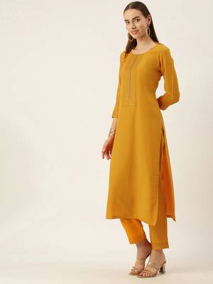 Women Yellow Yoke Design Regular Sequinned American Crape Kurta with Pant 4