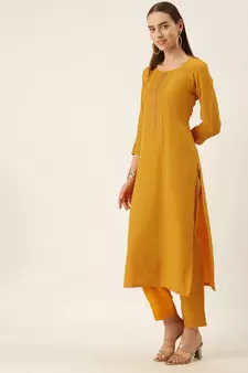 Women Yellow Yoke Design Regular Sequinned American Crape Kurta with Pant