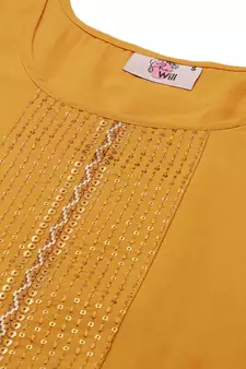 Women Yellow Yoke Design Regular Sequinned American Crape Kurta with Pant