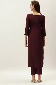 Women Maroon Yoke Design Regular Sequinned American Crape Kurta with Pant