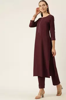 Women Maroon Yoke Design Regular Sequinned American Crape Kurta with Pant
