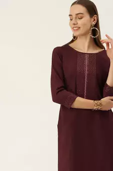 Women Maroon Yoke Design Regular Sequinned American Crape Kurta with Pant
