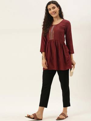 Women Brown Cotton Blend Fit & Flare Top 1